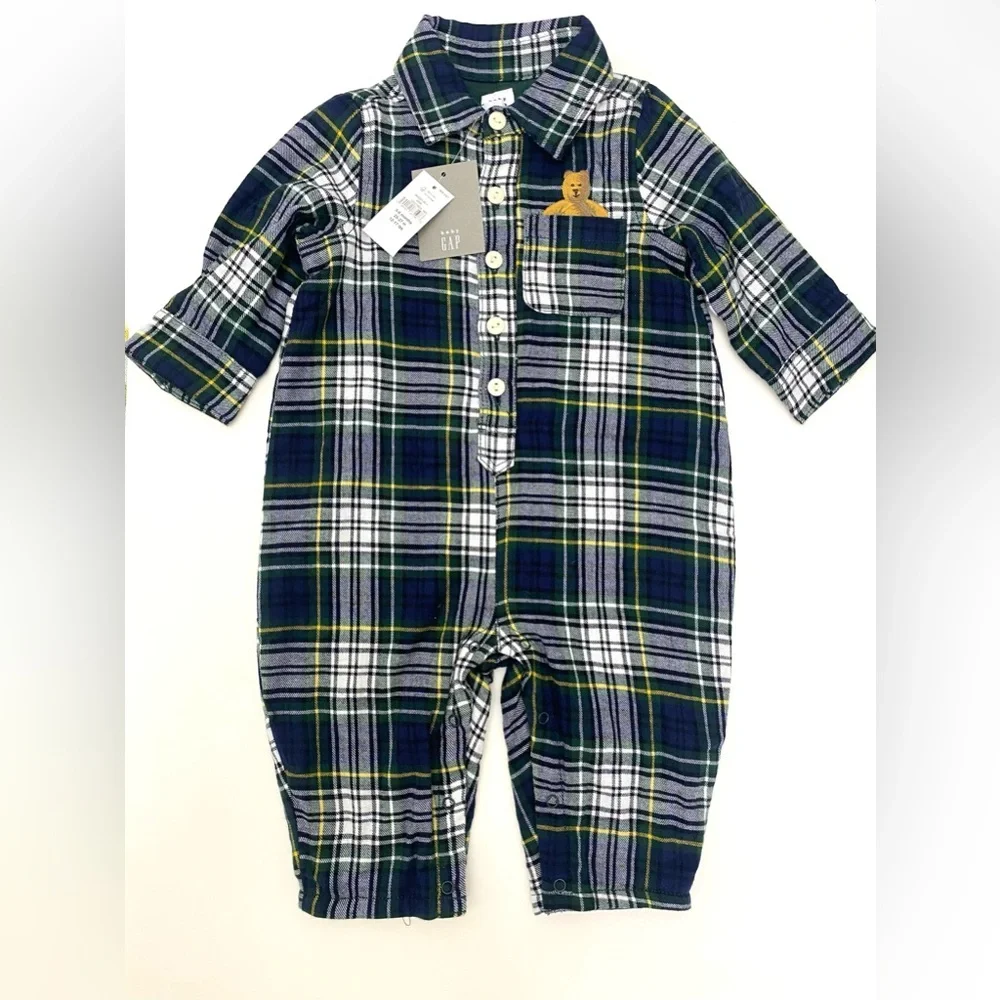 Baby Gap Baby/Toddler Plaid Flannel Bear Pocket One-Piece Jumper